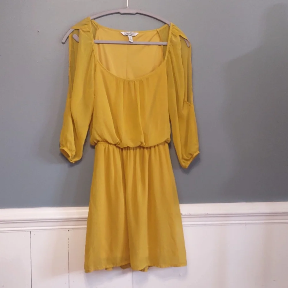 Speechless Women's Dress Sz S Fall Autumn Mustard Yellow sheer sleeves Fit Waist - Picture 2 of 9